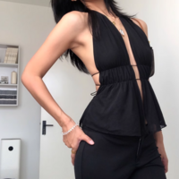 Sexy solid color backless strappy hollow slim halter neck top - Thumbnail 4