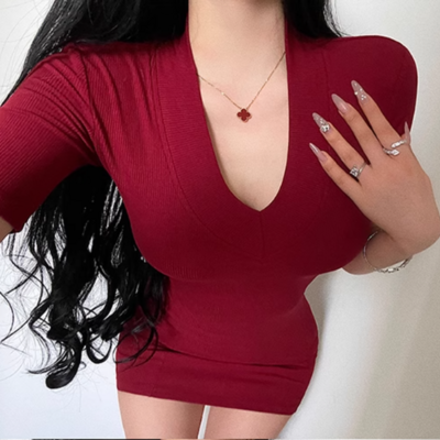 Sexy basic v-neck hip-wrapped short sleeve dress