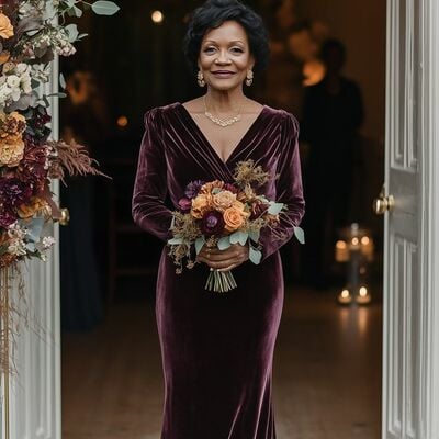 Elegant velvet long sleeve mother of the bride/ groom dresses formal evening dress - Thumbnail 1