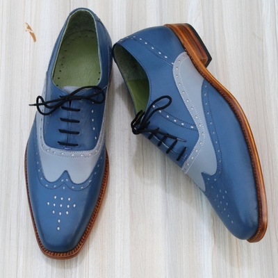 Crafted leather classic men blue gray unique oxford dress shoes