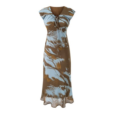 Smudge-dyed drawstring v-neck tie-dress