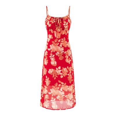 Lovely red printed casual drawstring suspender dress
