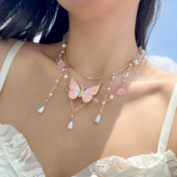 Elegant Imitation Pearl Butterfly Pendant Necklace  - Thumbnail 4