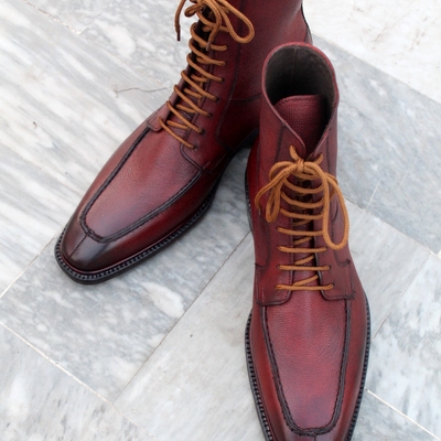 Crafted leather handmade men burgundy grain leather split toe dress boot