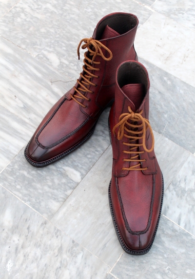 Crafted Leather Handmade Men Burgundy Grain Leather Split Toe Dress Boot