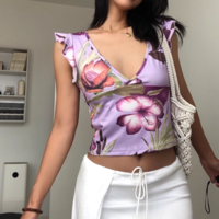 Sexy V-neck floral print slim fit navel-baring cropped T-shirt - Thumbnail 3