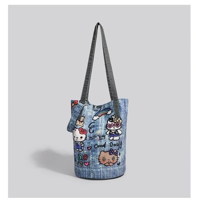 Cute kitty cat denim tote bag