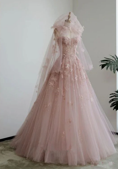 Mermaid A line Spaghetti Straps Pink Tulle Prom Dresses