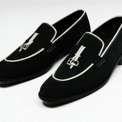 Crafted leather classic men black suede white lining tassel loafers dress shoes