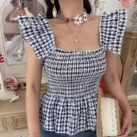 Vintage Blue Plaid Twist-knot Sleeveless Camisole - Thumbnail 4