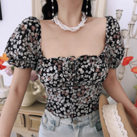 Retro Bohemian style floral blouse summer square neck tie short sleeve T-shirt - Thumbnail 1