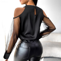 Temperament Nail Bead V-Neck Off Shoulder Long Sleeved Top - Thumbnail 1