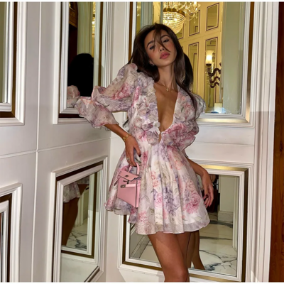 Flower print puff sleeve summer casual dress