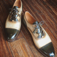 Men’s Two-Tone Wingtip Oxford Dress Shoes Vintage Handmade Leather Formal Brogues - Thumbnail 1