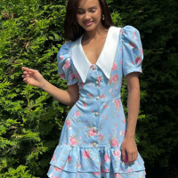  Vintage Chic Floral Print Puff Sleeve Ruffled Mini Dress - Thumbnail 4