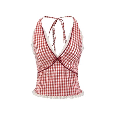 Plaid halter neck deep v-neck sleeveless camisole