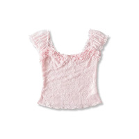 Off-the-shoulder ruffled top with lace jacquard pleated T-shirt - Thumbnail 2