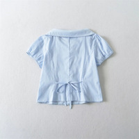 Doll collar shirt solid color age-reducing puff sleeve waist tie short blouse - Thumbnail 1