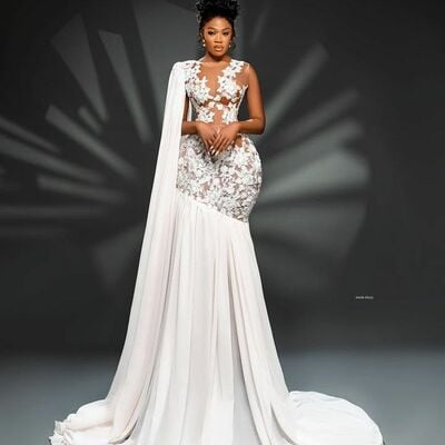 Elegant wedding dress, mermaid lace appliques long sleeve afrcian girls bridal dress bridal gown - Thumbnail 1