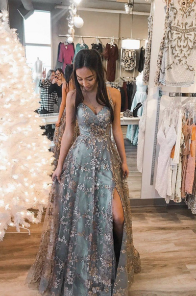 Spaghetti Straps Floral Long Evening Gowns