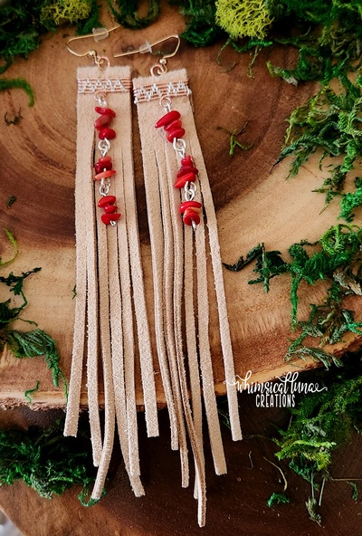 Beige Leather Earrings w/Bamboo Coral