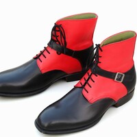 Crafted Leather Handmade Men Black Red Leather Strap Ankle High Boot - Thumbnail 1