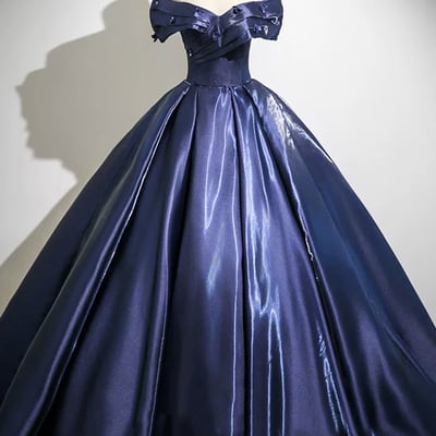 Blue satin long prom dress, elegant off the shoulder party dress