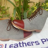 Crafted Leather Gray & Brown Flannel Fabric / Patina Leather Ankle High Boot - Thumbnail 1