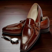 Crafted Leather Men Classic Brown Patina Leather Split Toe Dress Shoes - Thumbnail 1