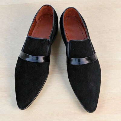 Crafted leather classic black suede leather pointed toe moccasin loafers dress shoes