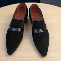 Crafted Leather Classic Black Suede Leather Pointed Toe Moccasin Loafers Dress Shoes - Thumbnail 1