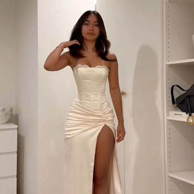 Strapless sheath ivory split long prom dresses - Thumbnail 2