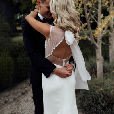 Hollow back sheath sleeveless ribbon white satin wedding dresses - Thumbnail 1