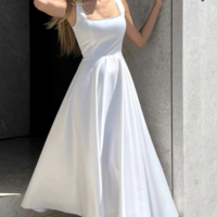 Tea Length Square Neck A-line Stain Prom Dress - Thumbnail 1