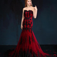 Vintage Black And Red Gothic Mermaid Sweetheart Lace Appliques Tulle Prom Dresses - Thumbnail 2