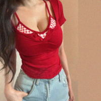 Fake two-piece halterneck stitching T-shirt short sleeves - Thumbnail 2