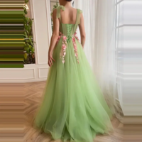 Luxury Green Tulle French Slit Evening Dress with Elegant Detailing - Thumbnail 1