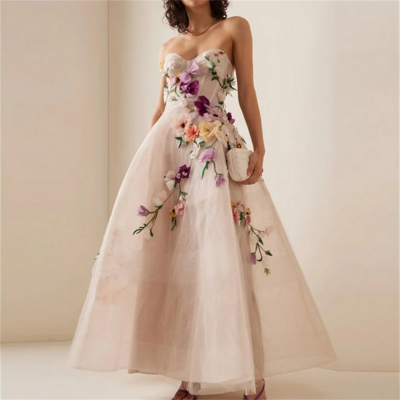 Classy a-line v-neck dress with 3d flower embroidery
