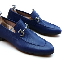 Crafted Leather Classic Men Blue Leather Horsebit Moccasin Loafers Dress Shoes - Thumbnail 1