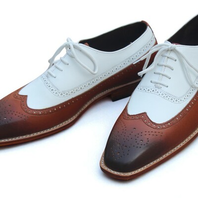 Crafted leather classic men brown white oxford dress shoes
