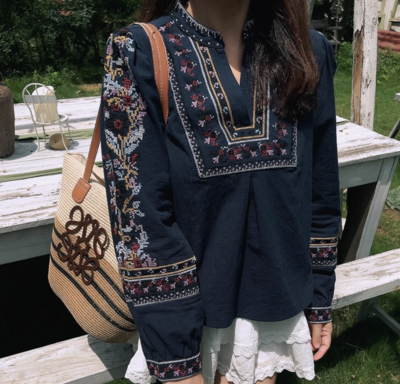 V-neck heavily embroidered shirt with printed embroidery and long sleeves