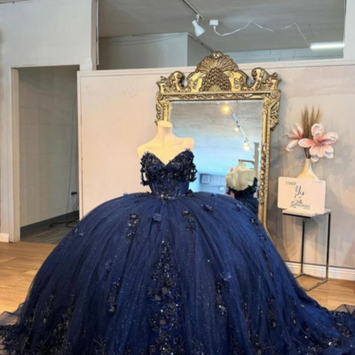 Mermaid navy blue quinceanera dress floral applique sweet 16 dress - Thumbnail 1