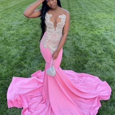 Elegant pink long mermaid prom dress with beading