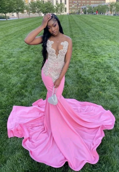 Elegant Pink Long Mermaid Prom Dress With Beading