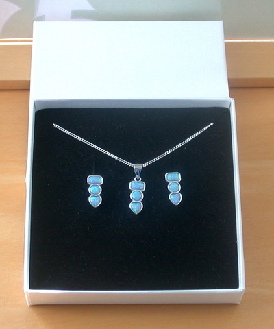 BOXED GIFT SET/Sterling Silver Blue Opal Rectangle Pendant & Chain/Blue Opal Necklace/Opal Necklace/Opal Jewellery/Opal Jewelry/Opal Earrings/UK