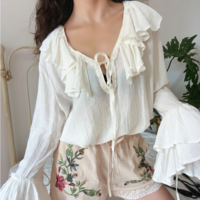 Big flared sleeve sun protection shirt tie collar light see-through vacation top - Thumbnail 1