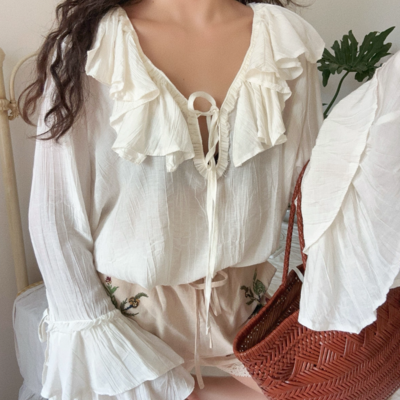 Big flared sleeve sun protection shirt tie collar light see-through vacation top