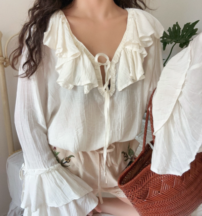 Big flared sleeve sun protection shirt tie collar light see-through vacation top