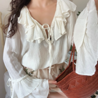 Big flared sleeve sun protection shirt tie collar light see-through vacation top - Thumbnail 4