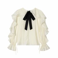 Fashionable and elegant contrasting color ribbon ruffled cardigan shirt - Thumbnail 2